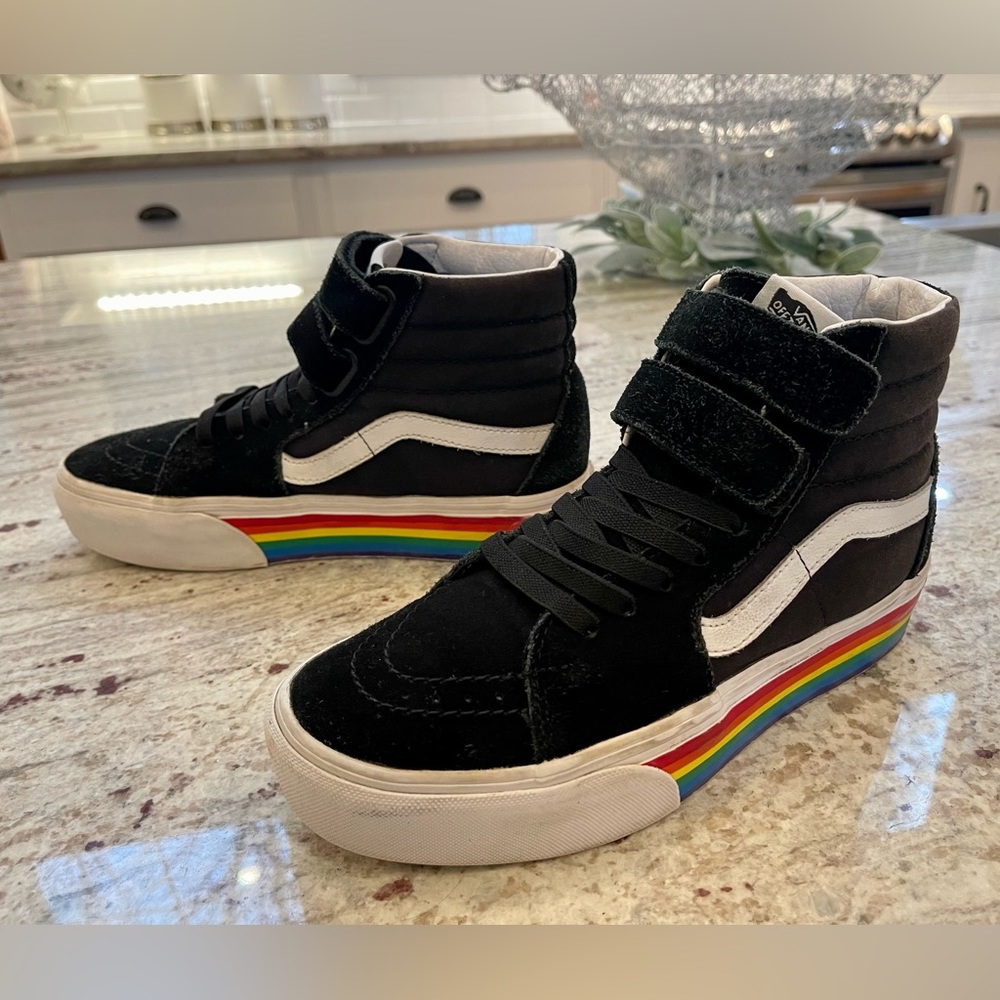 Vans Black and White High-Top Sneakers with Rainbow Sole